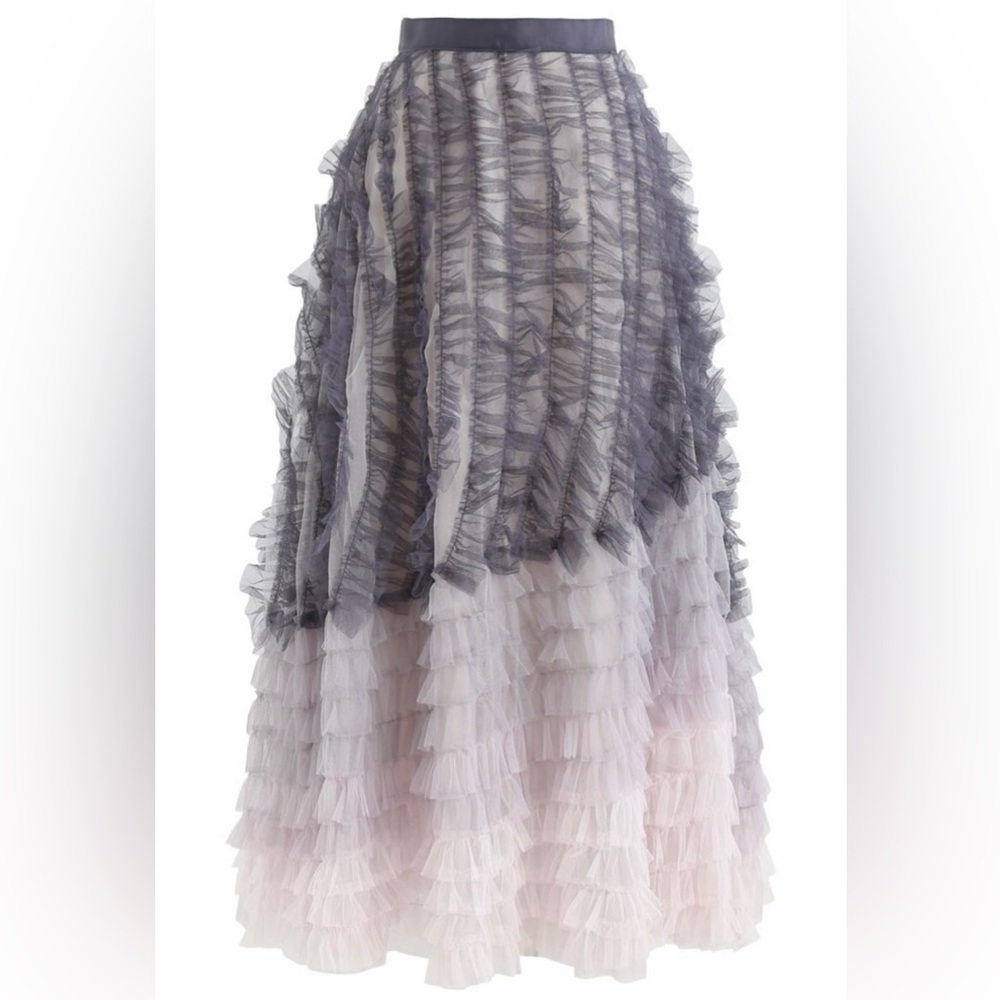 Chicwish Gradient Tiered Ruffle Mesh Tulle Maxi Skirt